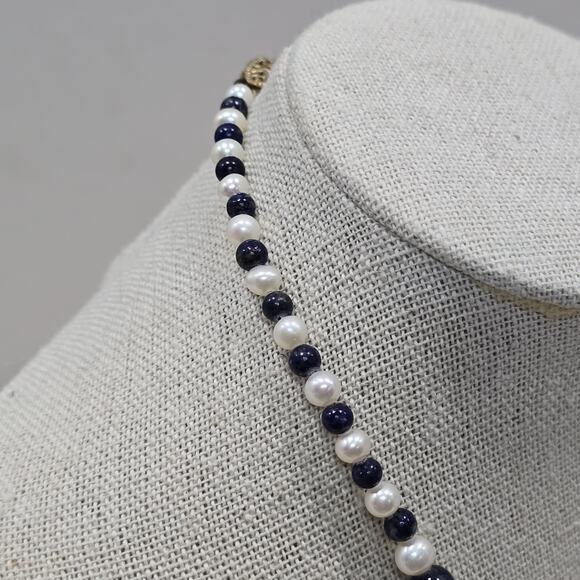 Lapis Lazuli and Pearl Graduated Bead Thread Strung 17" Necklace 14K GF Clasp - Picture 5 of 16